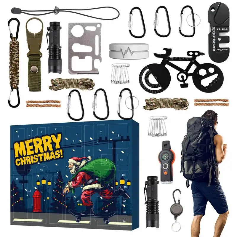 Survival Tools Advent Calendar 24-Day Portable Countdown Calendar Festive Practical Survival Kits for Christmas Hiking Fishing