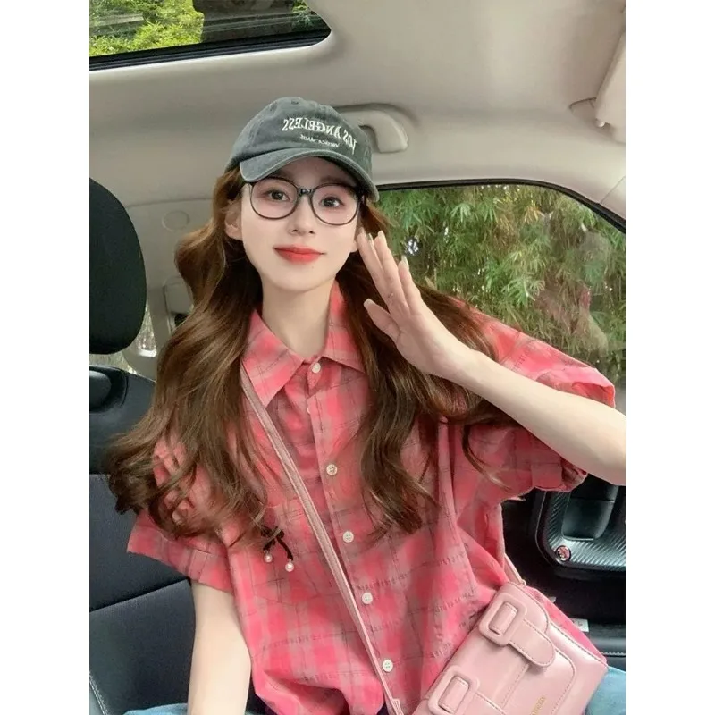 

Женская милая розовая рубашка в клетку с коротким рукавом, винтажная блузка с бантом, повседневная летняя блузка