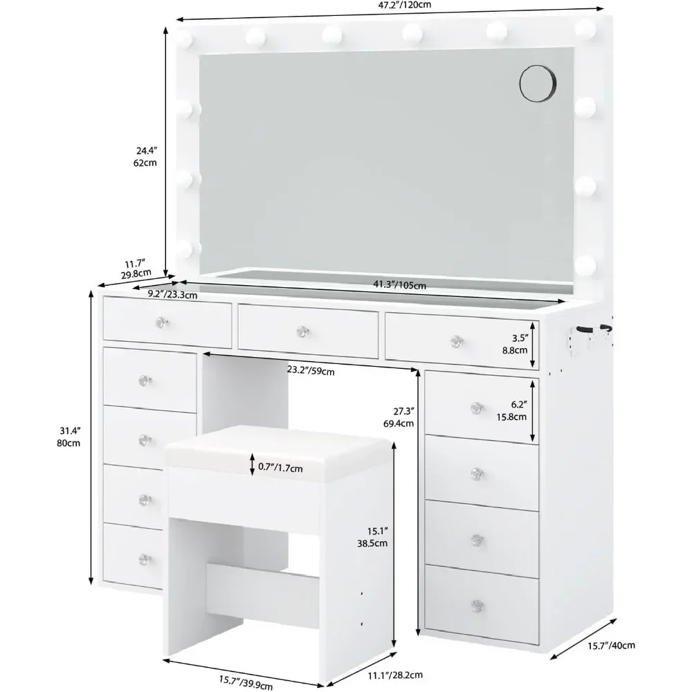 Bureau de courtoisie avec miroir, coiffeuse de maquillage avec prise de courant 12 lumières LED, table de courtoisie avec chaise, 11 égouts de proximité, table en élasthanne