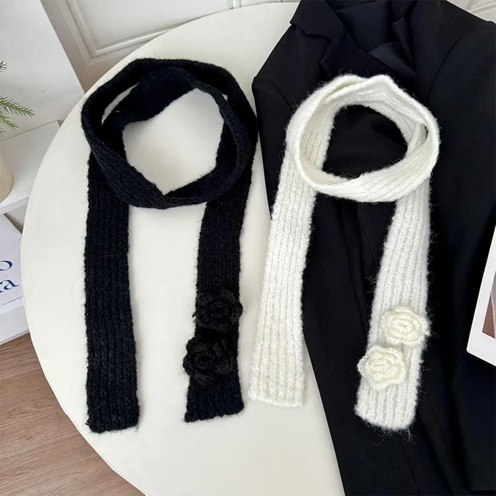 New Narrow Flower Knitted Scarf Photo Props Solid Color Thicken Scarf Warm Soft Long Soft Sticky Scarf Winter Autumn