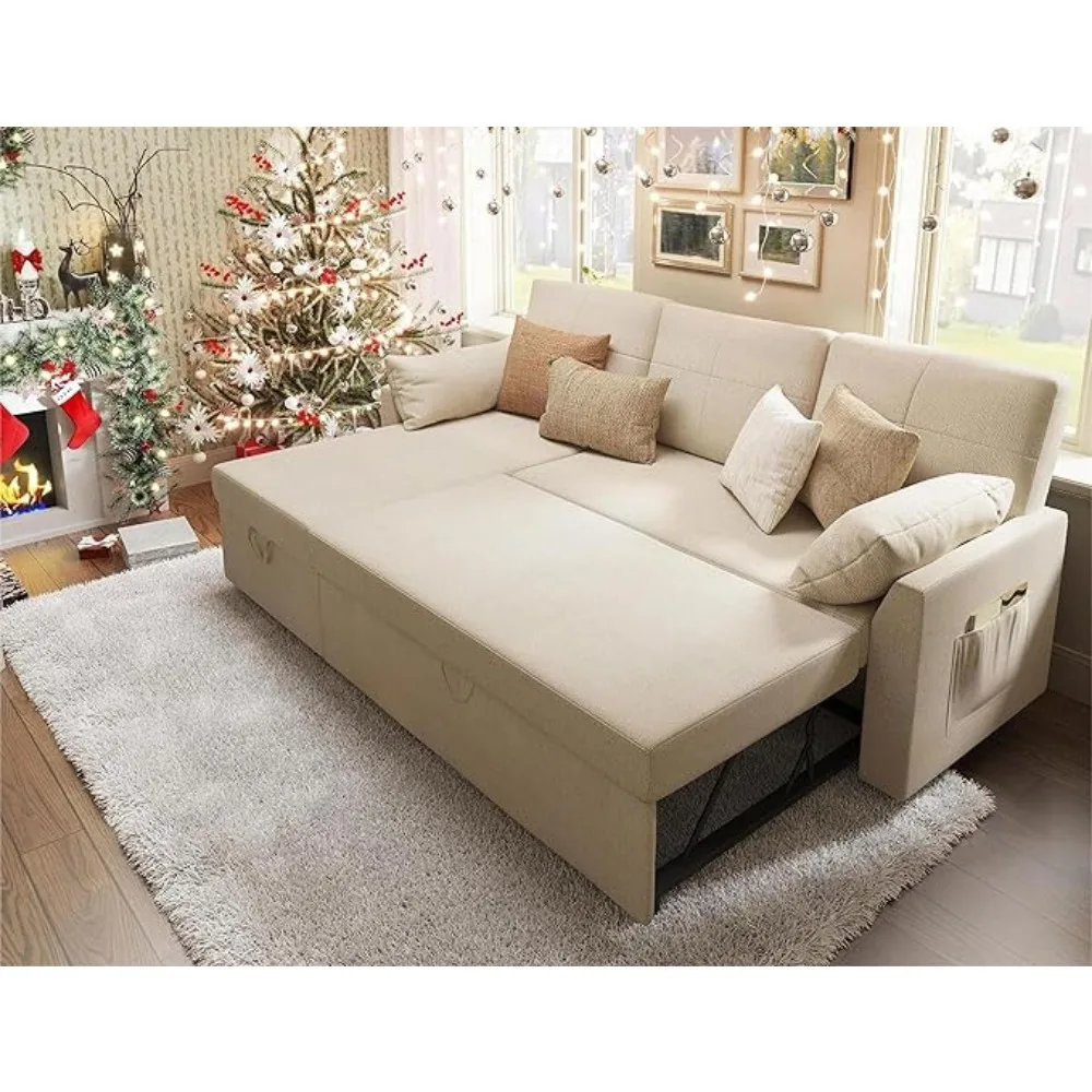 Sleeper Sofa,Sofa Bed- 2 in 1 Pull Out Couch Bed with Storage Chaise for Living Room,Beige Chenille Couch living room furniture