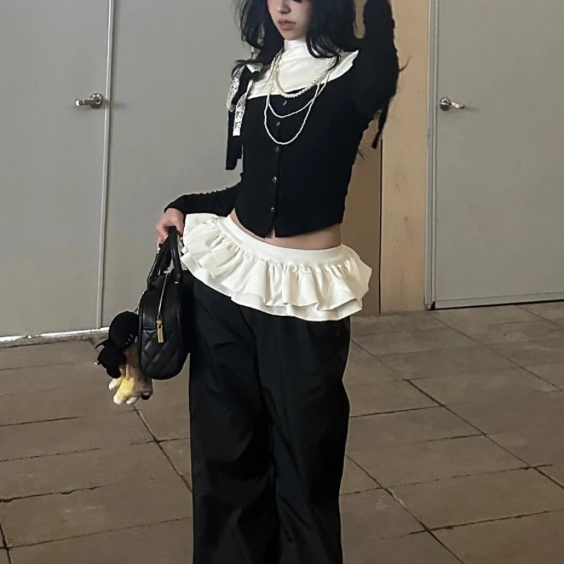

The Stitching Design of 2025 Street Wind Puffy Skirt Is Overlapped with Women's Trousers with Wide Legs and High Waist