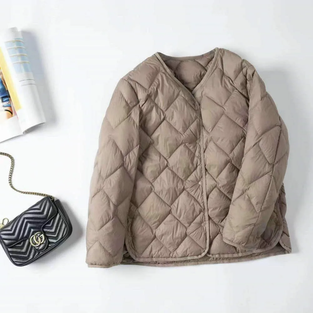 Frauen Liner Ente Unten Jacke V-ausschnitt Weibliche Winter Warm Kragen Mode Ultraleicht Stepp Puffer Mantel Büro Dame