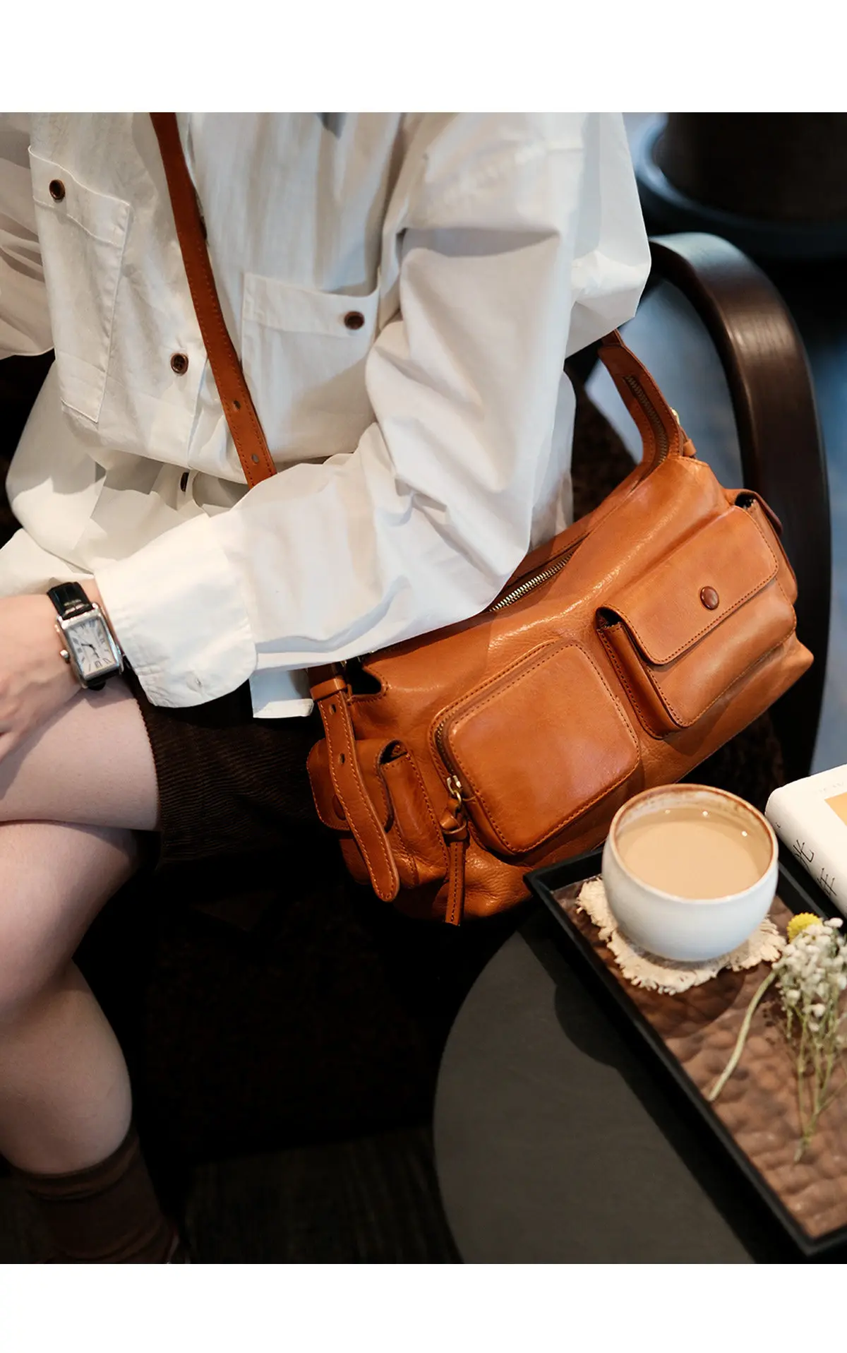 Modische Vintage-Designer-Handtasche aus echtem Leder für Damen, mit mehreren Fächern, als Schultertasche oder Umhängetasche für Wochenendeinsätze und Partys, luxuriöse Kuhledertasche. – Detail 8