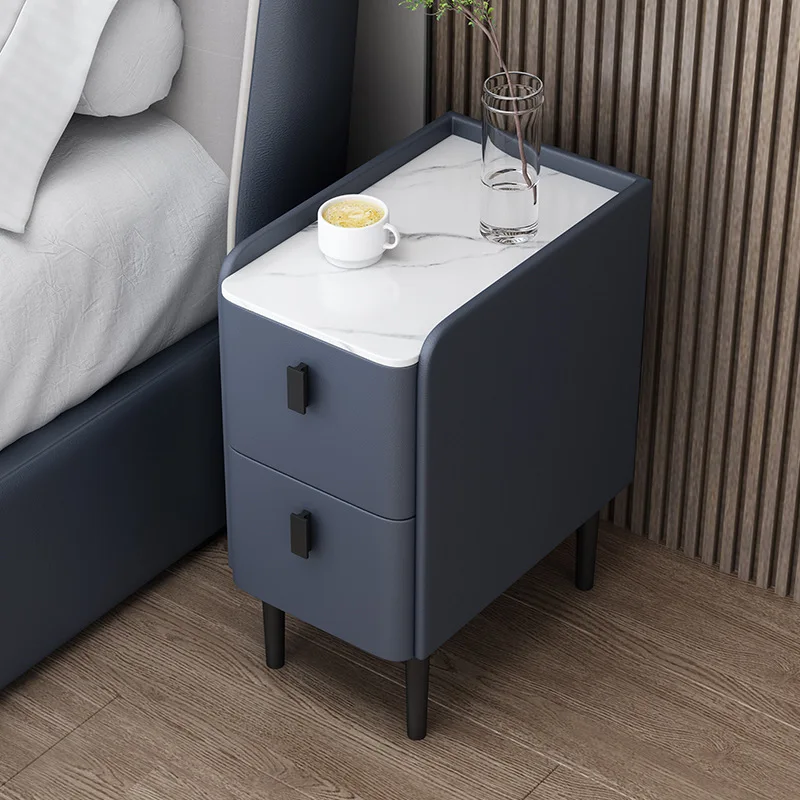 Nordic Style Wooden Bedside Table Faux Leather 2 Drawers Nightstand with 2 Drawers Bedroom End Table Side Storage Cabinet