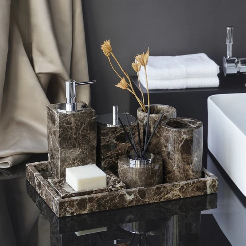

Emperador Dark Natural Marble Bathroom Accessories Luxury Soap Dispenser Soap Dish Reed diffuser Bathroom Set