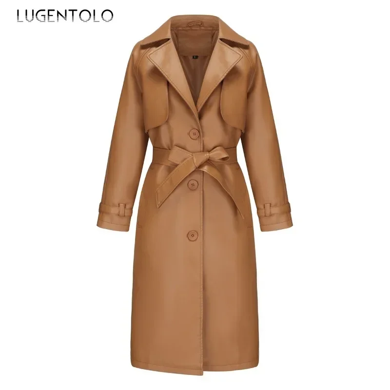 Abrigo de PU elegante a prueba de viento para mujer, cortavientos largo cálido de piel sintética suave, chaqueta ajustada con cinturón de un solo pecho Vintage