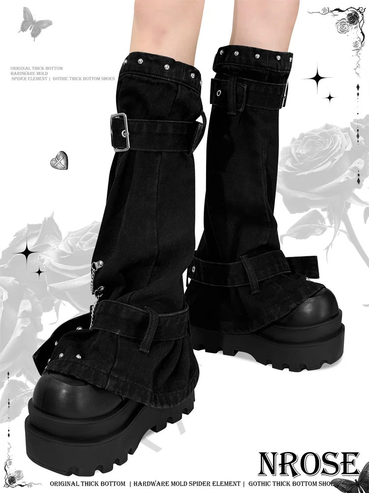 ถุงคลุมขาผ้าเดนิมสีดำ สไตล์สาวฮ็อตเกิร์ลแนววอร์คแวร์ ถุงคลุมขาแบบยาวคลุมเข่าสำหรับผู้หญิง