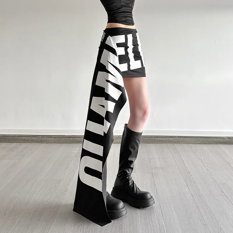 

Summer 2025 Women's High Waist ort Skirt Asymmetrical Bla White Letter Print Personalized Sle Polyester Knitted Skirt