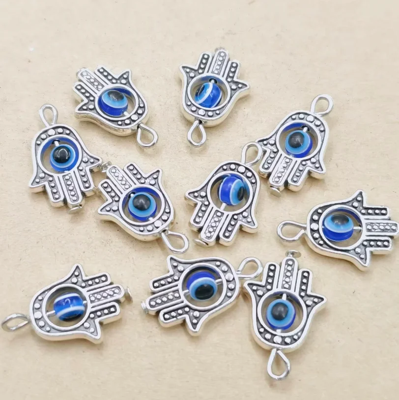 100pcs Antique Silver color Blue Eye Hamsa Hand Fatima Hand Charms Pendant For DIY Jewelry Accessories Making Findings Wholesale