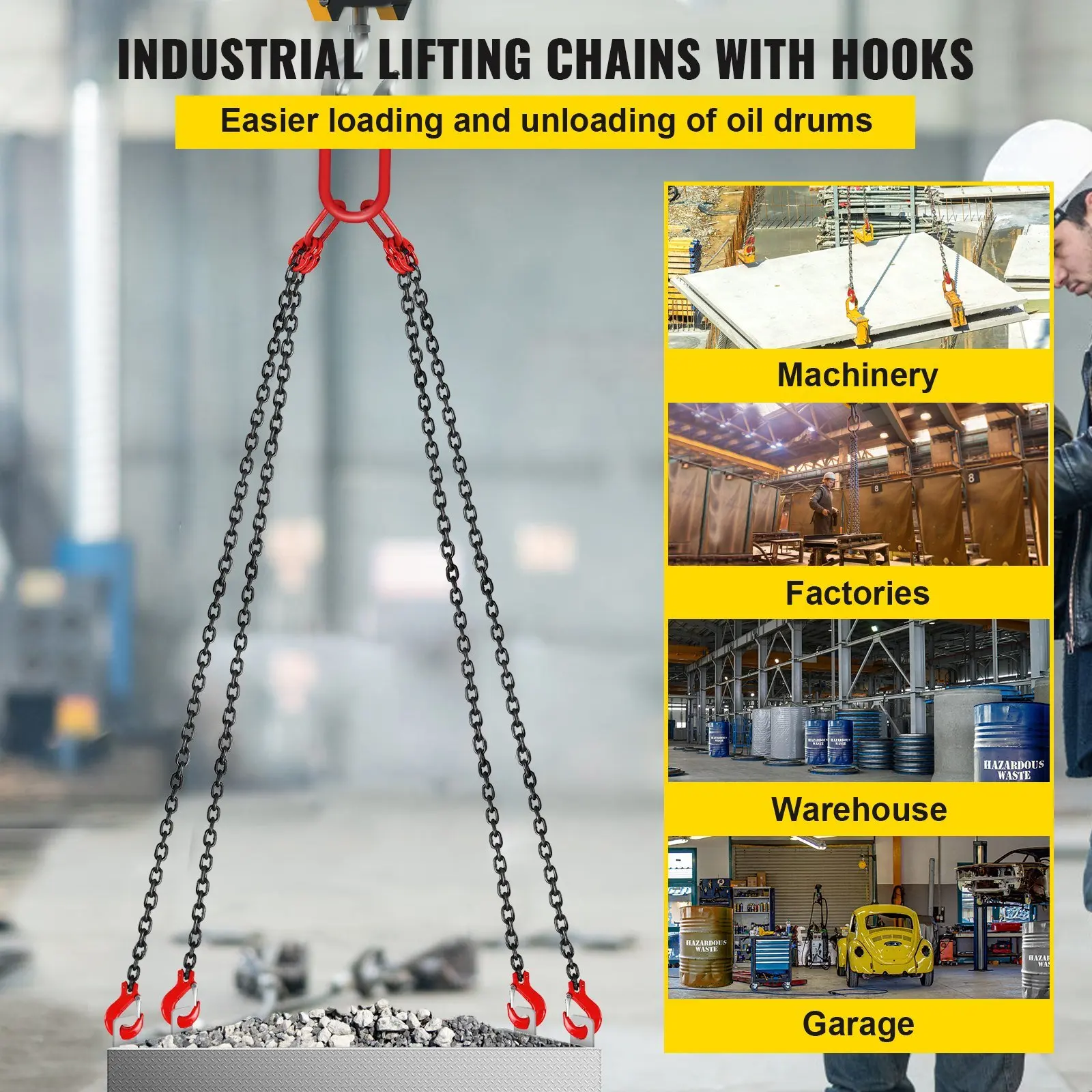 10FT Chain Sling 5/16 Inch X 10 FT Engine Lift Chain G80 Alloy Steel Engine Chain Hoist Lifts 3 Ton with 4 Leg Grab Hooks