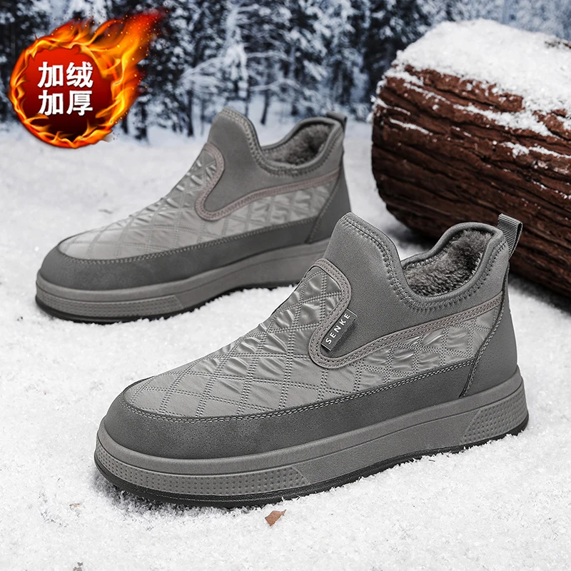 Novo tipo de botas de neve esportivas de inverno para homens, cor sólida, cano baixo, camurça, lã, calor, sola macia, propriedades antiderrapantes