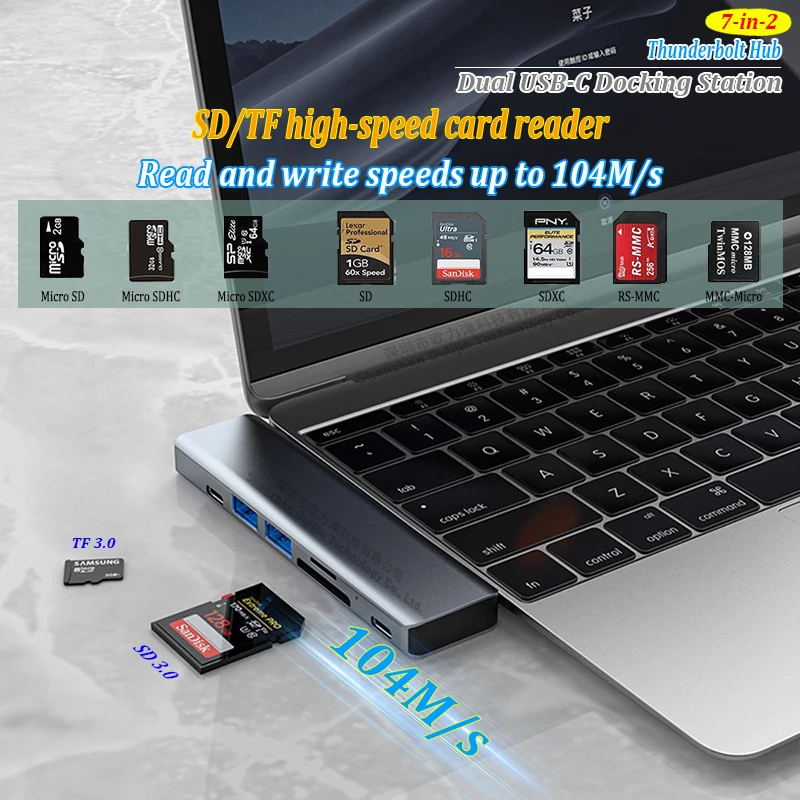 Hub USB-C doppio con Thunderbolt, adattatore USB HDMI, SD e TF per docking station Mac per Apple MacBook Air e MacBook Pro