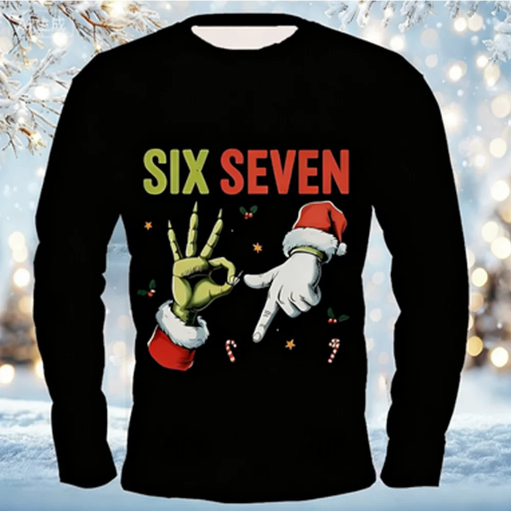 

Мужская повседневная универсальная осенне-зимняя футболка с принтом 67, Санта-Клаус, теплая футболка с круглым вырезом и длинными рукавами для мужчин и женщин