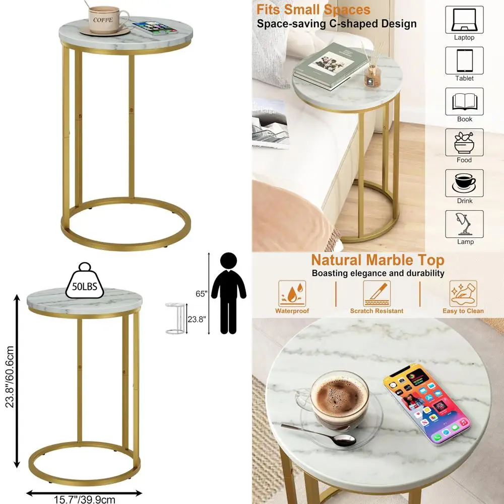 

Приставной столик с мраморной столешницей в золотой раме для гостиной и спальни, компактный придиванный столик