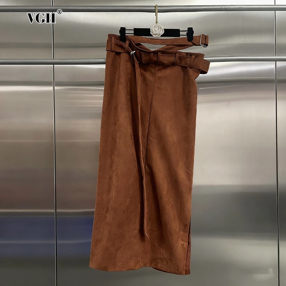 

VGH Sexy Faux Suede Slim Straight Skirt for Women High Waist Split Patchwork Belt American Retro Long Skirts Female Autumn Style
