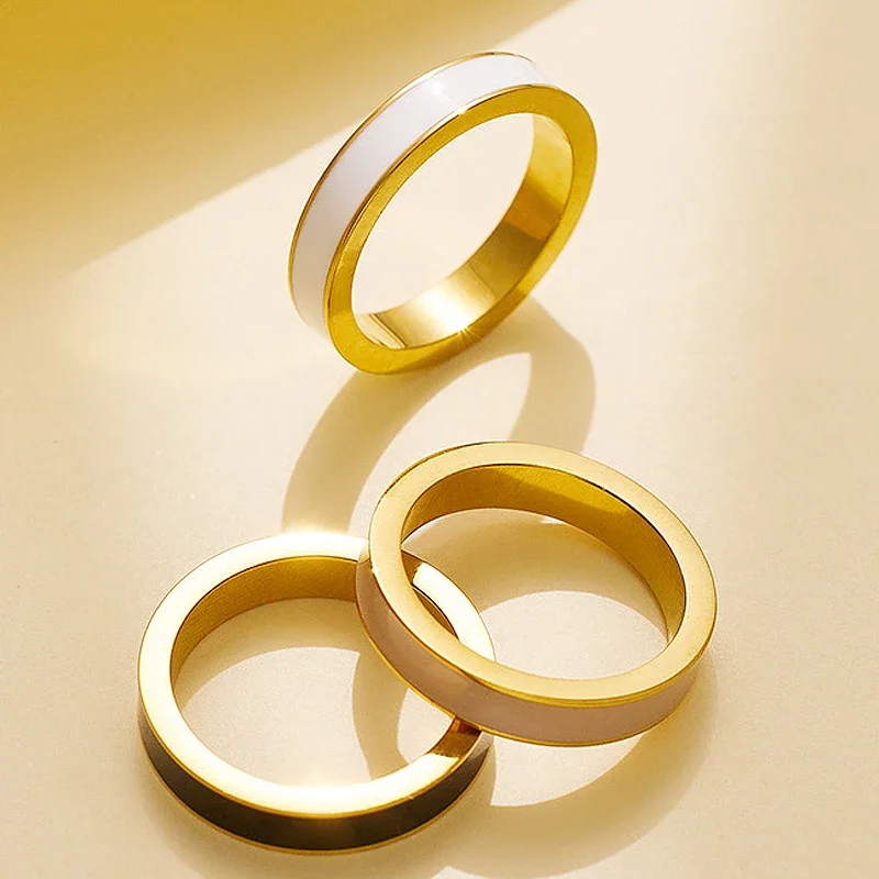 4mm Stainless Steel Finger Ring White Enamel Ring Fashion Jewelry for Women Luxury Quality Gift