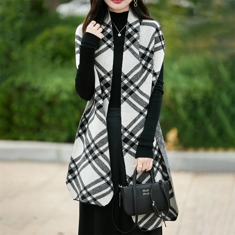 

Women's wool cardigan shawl scarf for both autumn and winter classic British checkered scarf knitted cardigan women's shawl coat