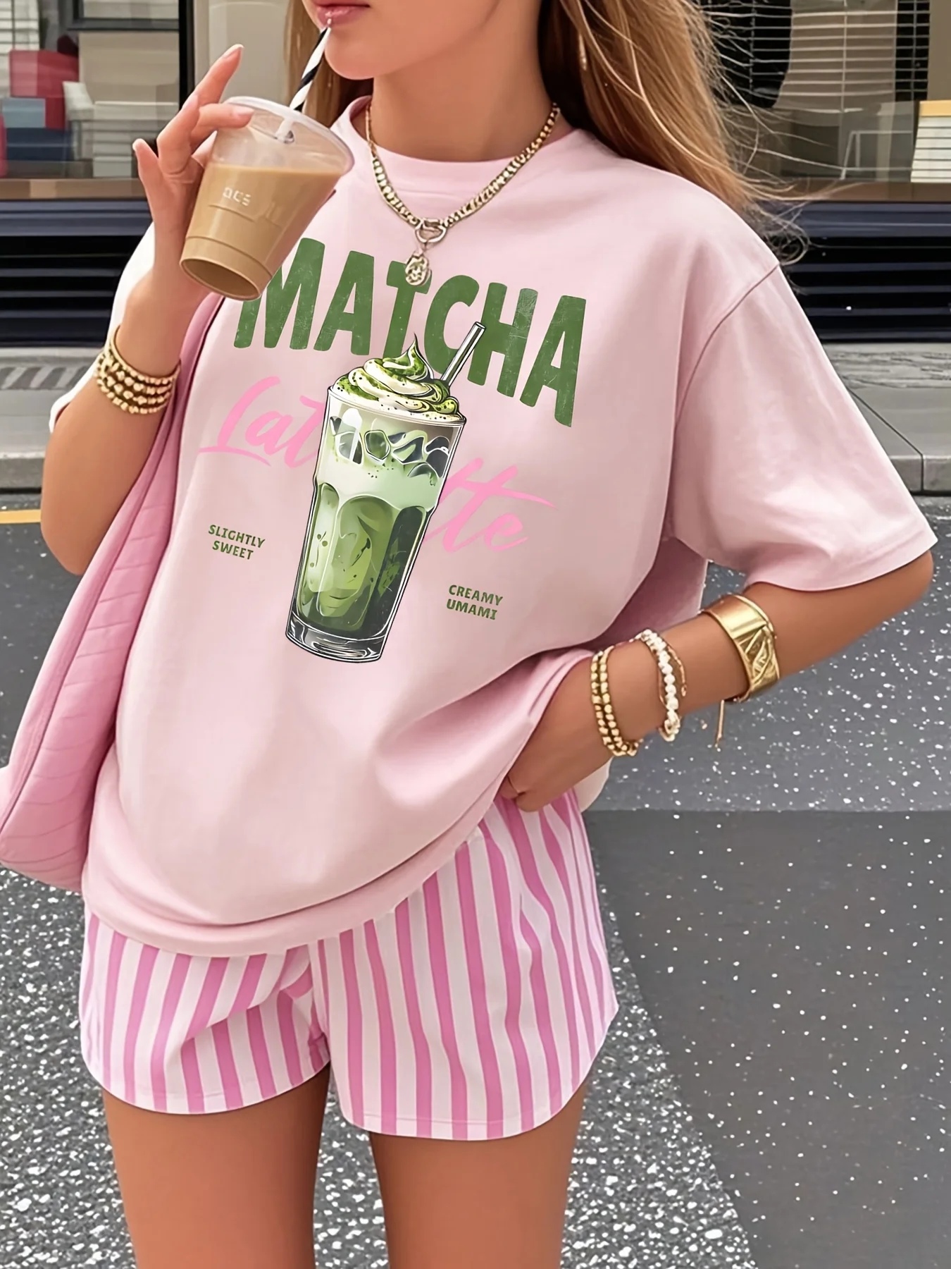 Matcha Latte Retro Iced Coffee Graphic Cotton T-shirt For Women Summer Short Sleeve Coffee Lover Tees Casual Couple Y2K Tops view 6