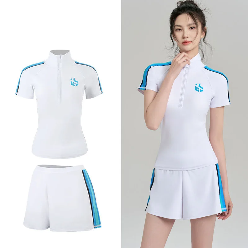 

Women's Rash Guard Swimsuit Half-Zip Long Sleeve Shirt Modest Bathing Suit with Chest Padding 2Pcs Teen Girl Swimwear Sunsuits