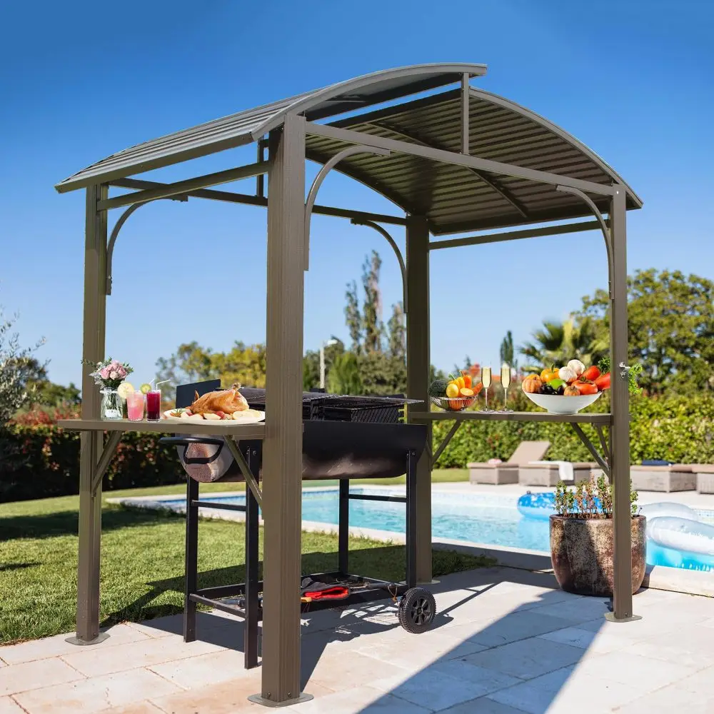 Duplo galvanizado aço telhado Canopy, Outdoor Grill, 2 prateleiras laterais, BBQ Gazebo Tent, Pátio Jardim Quintal, 8x5ft