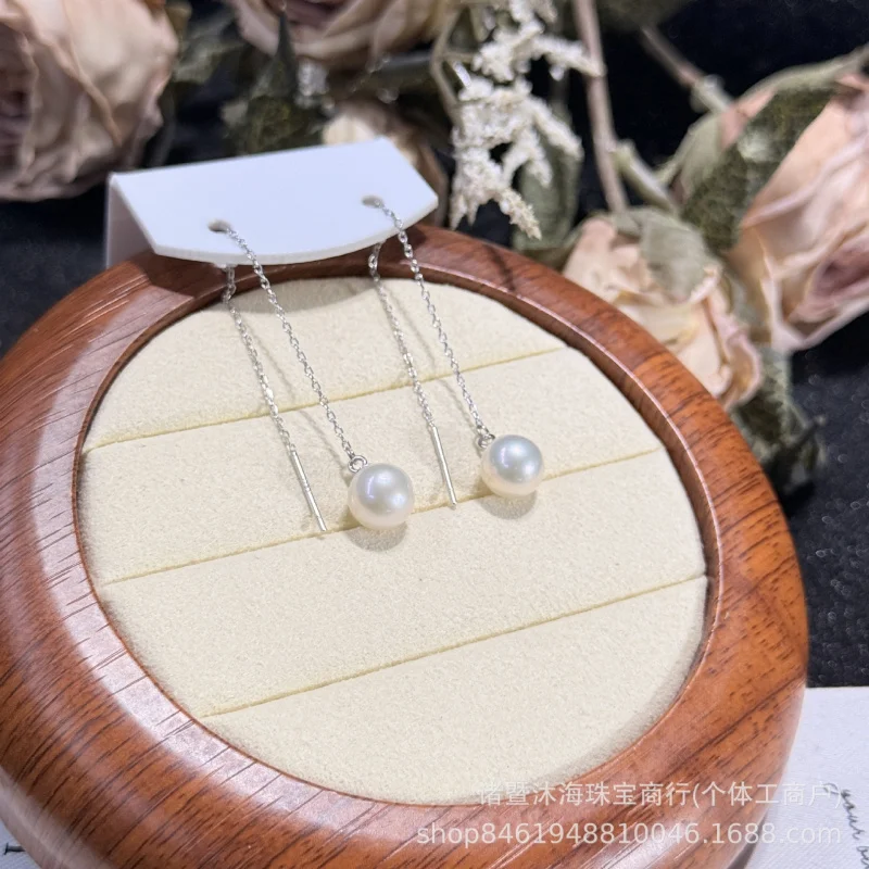 Long sterling silver pearl earrings with-8mm natural freshwater pearls in a new style