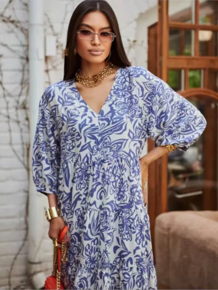 فستان نسائي أنيق مطبوع باللون الأزرق رداء نسائي أنيق للربيع بياقة على شكل حرف v وأكمام طويلة فساتين طويلة غير رسمية للخريف للسيدات #5