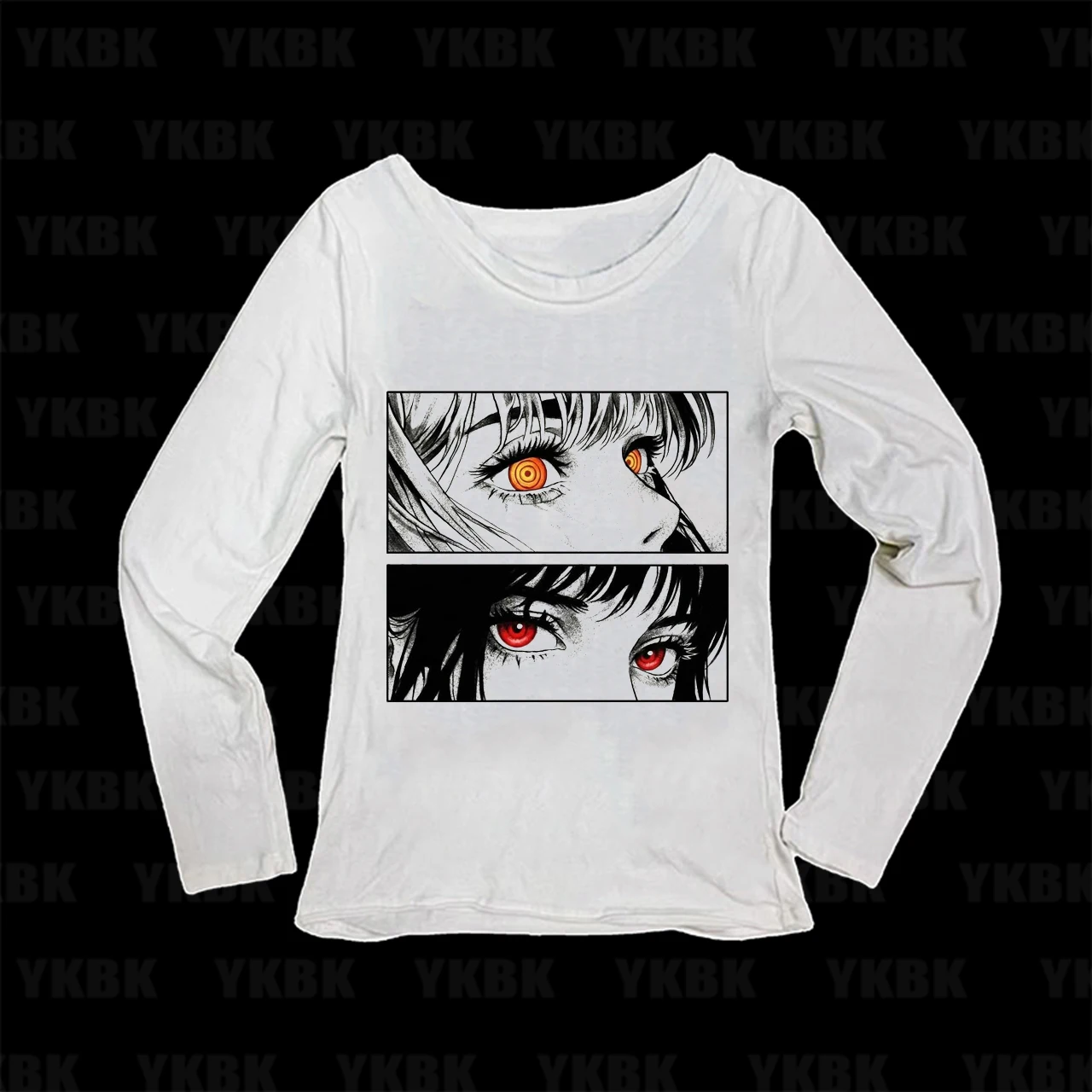Y2K Dark Japanese Manga Anime Girl Eyes Panel Print Women Long Sleeve T-Shirt O-Neck Slim Fit Graphic Casual Tops