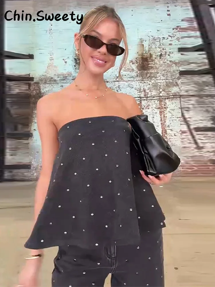 

Elegant Beaded Vest Trousers Set Women Strapless Sleeveless Backless Tops High Waist Wide Leg Pants 2025 Summer Lady Chic Suit