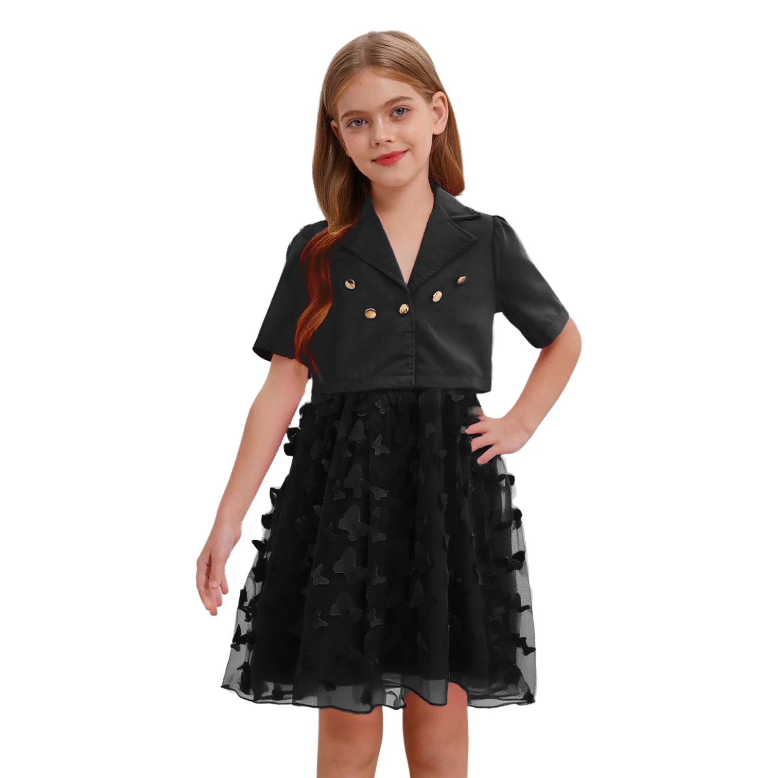 

Kids Girls Dress Outfit Lapel Collar Short Sleeve Blazer Coat with Spaghetti Straps Butterfly Dress for Birthday Weeding Party