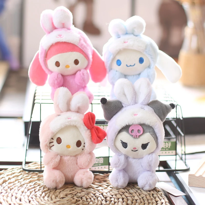 Sanrio Cinnamoroll Kuromi Melody Pachacco Pom Purin boneka kelinci lucu gantungan kunci boneka berbulu lucu liontin ransel mainan