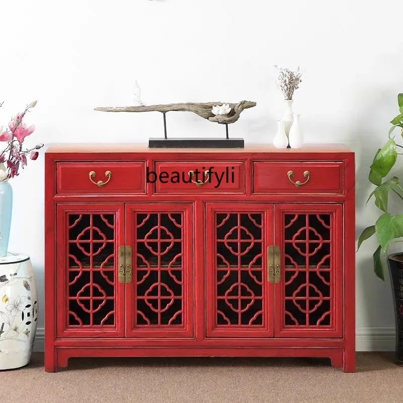 

American Locker Hollow Carved Entrance Cabinet European Furniture Retro Blue Shoe Cabinet