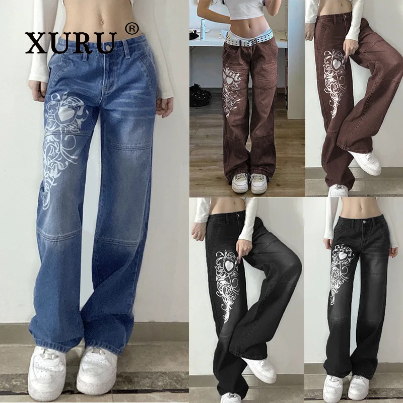 Xuru-Trendy Bedrukte Losse Jeans Met Wijde Pijpen Voor Dames, Casual, K5-6660, Nieuw