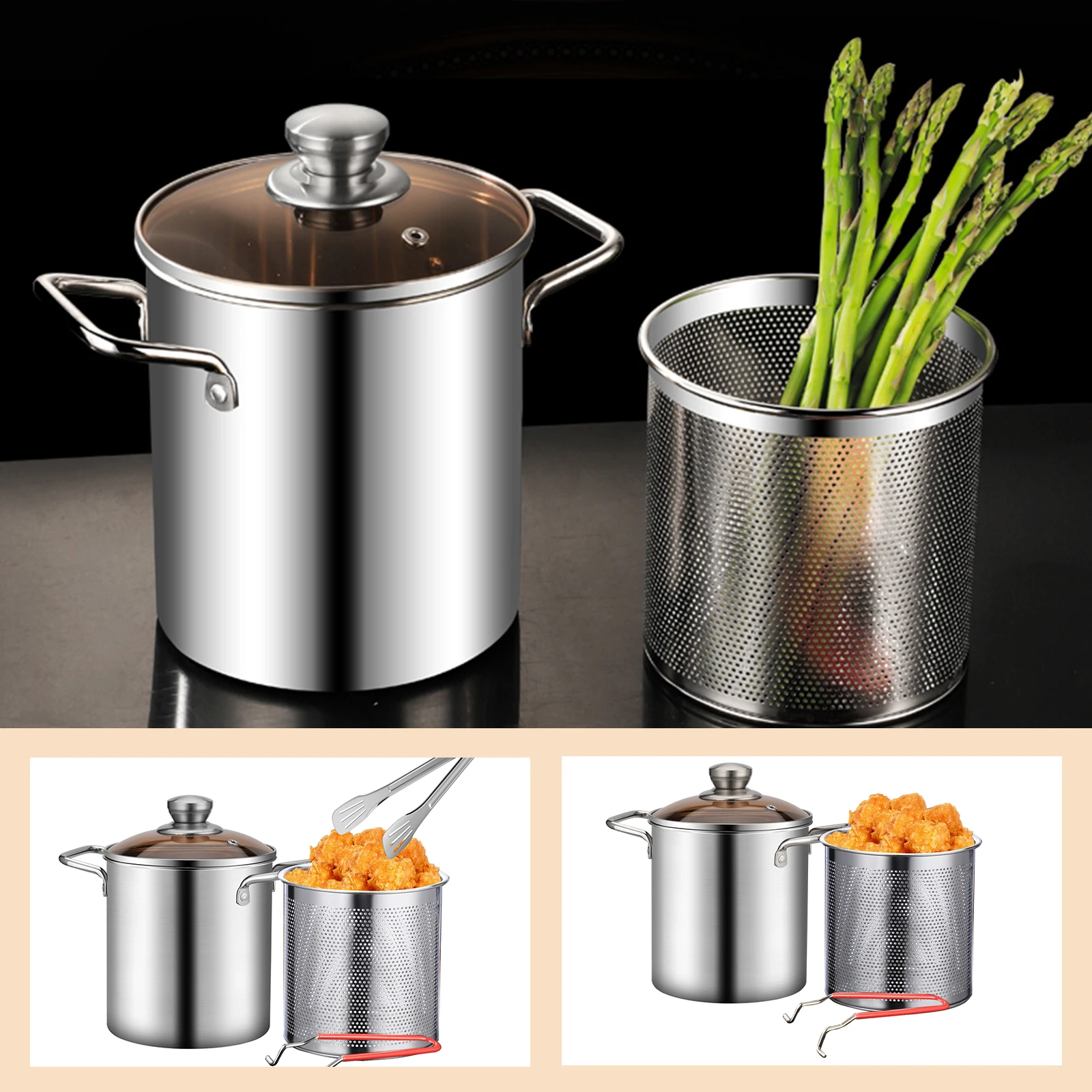 Fritteuse-Topf, Brattopf aus Edelstahl 304, mit Korb, Nudeltopf für die Küche, Kochwerkzeug, multifunktionaler 3,2 Quart-Brattopf