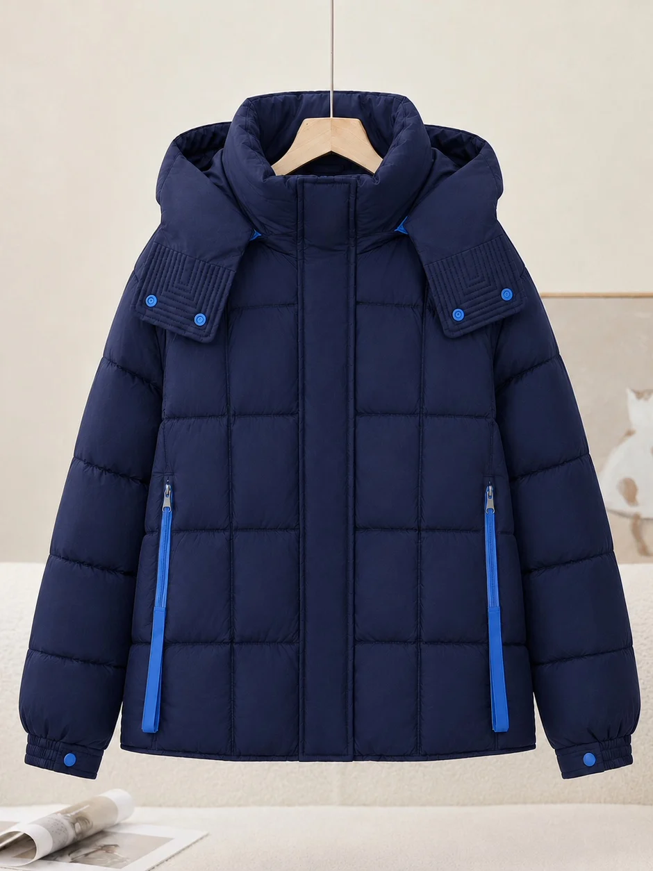 Winter New Fashionable Hooded down Cotton Jacket Women's Short Warm Cotton Coat Versatile Zipper Closure Long Sleeve  Color