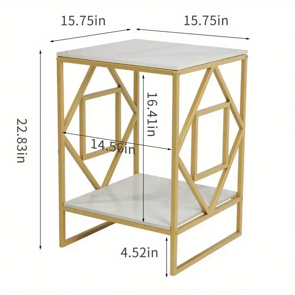 Mesa lateral dourada de mármore branco para sala de estar Mesa de cabeceira com prateleira