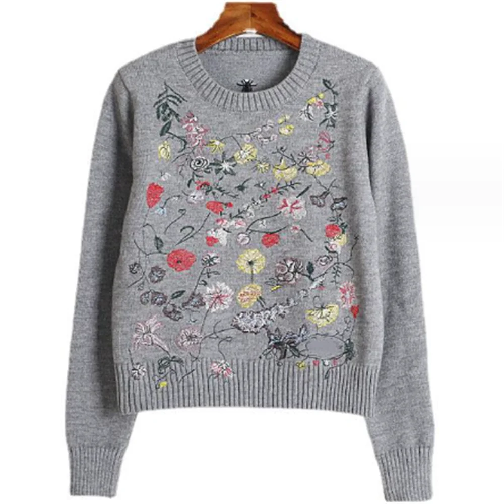 Autumn and winter flower embroidered long-sleeved round-neck sweater women top