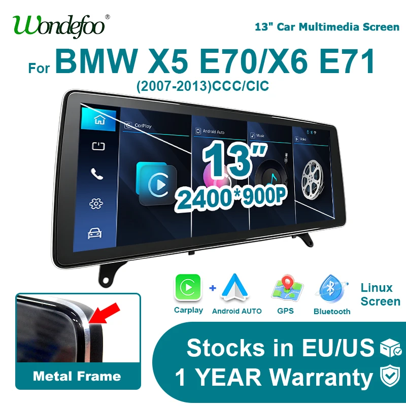 Autoradio 2 DIN Android Auto sans fil Carplay 13 pouces avec écran Linux stéréo pour BMW X5 E70 X6 E71 2007-2014 CCC CIC Bluetooth Autoradio intelligent avec système de navigation Airplay Autolink Lecteur multimédia GPS WIFI 4G