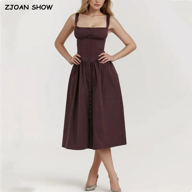 2024 Romantic Slash Collar Corset Style Low Waist Spliced Ruched Pleated Swing Long Midi Dress Women Sexy Summer Sling Robe