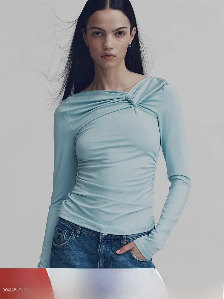 

H&M Women's Long Sve T-irt Slim Fit Waist Cinched Knot Base irt Casual Sle Thermal Design Daily Wear Polyester Blend