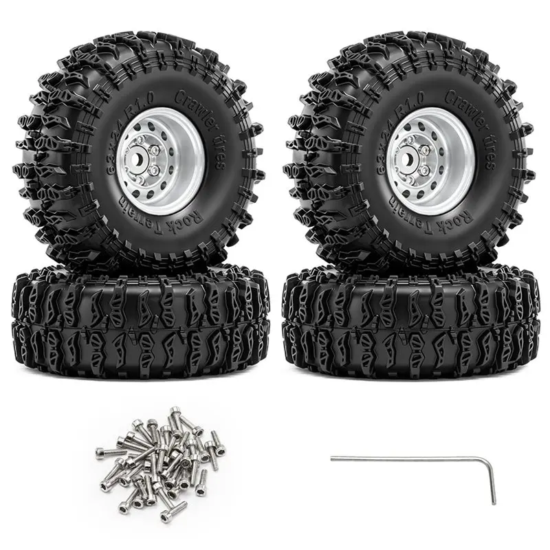 AS96-Rubber Tires And 1.0 Inch Beadlock Wheel For 1/18 Traxxas TRX4M For 1/24 Axial SCX24 AX24 FCX24 RC Cralwer Crawler Silver