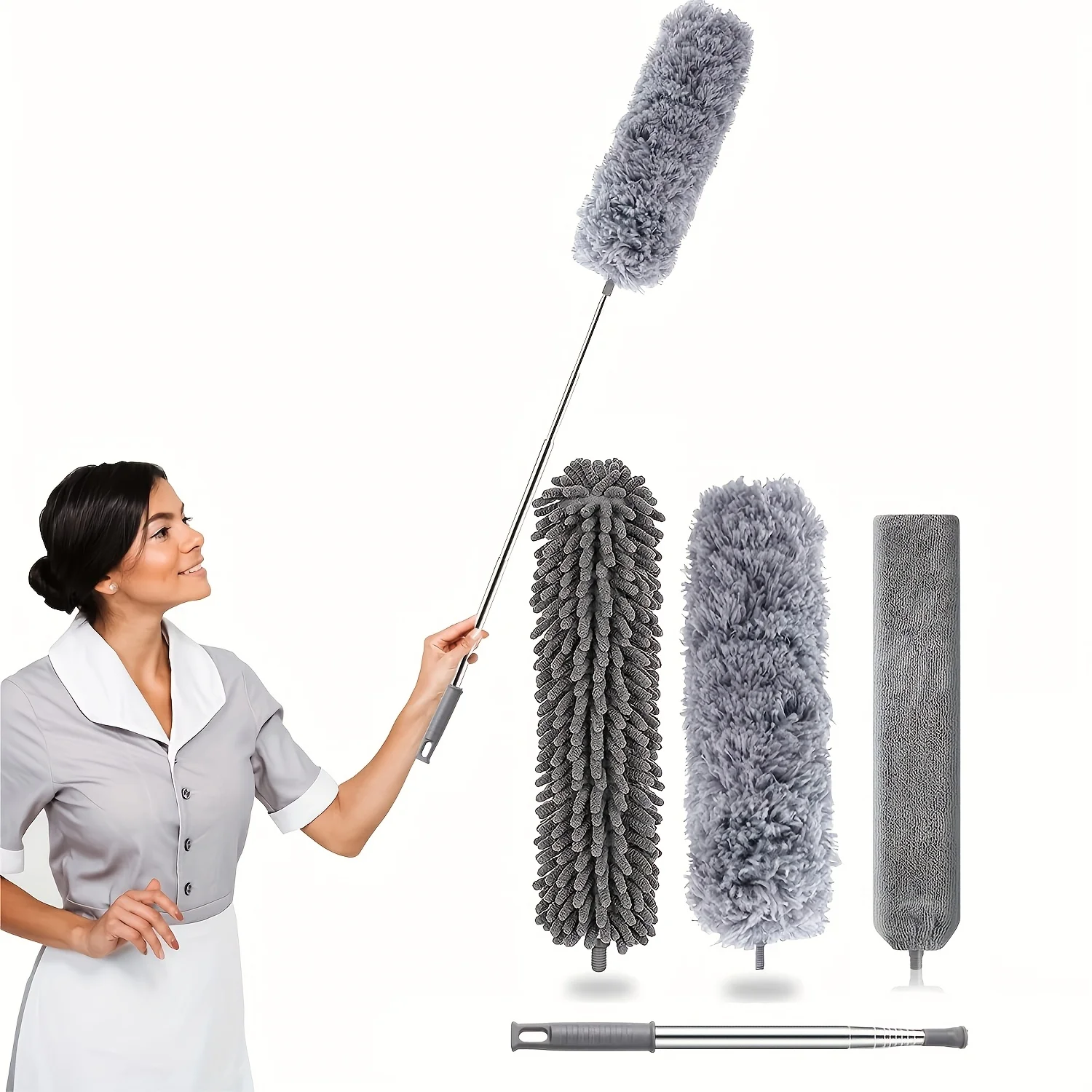 Expandable long handle microfiber cleaning brush - sofa and furniture dusting, stainless steel handle, non-electric