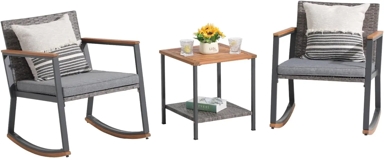 Outdoor Rocking Bistro Set, cadeiras com mesa de café e almofada, Móveis de vime, Pátio e Quintal, 3 PCs