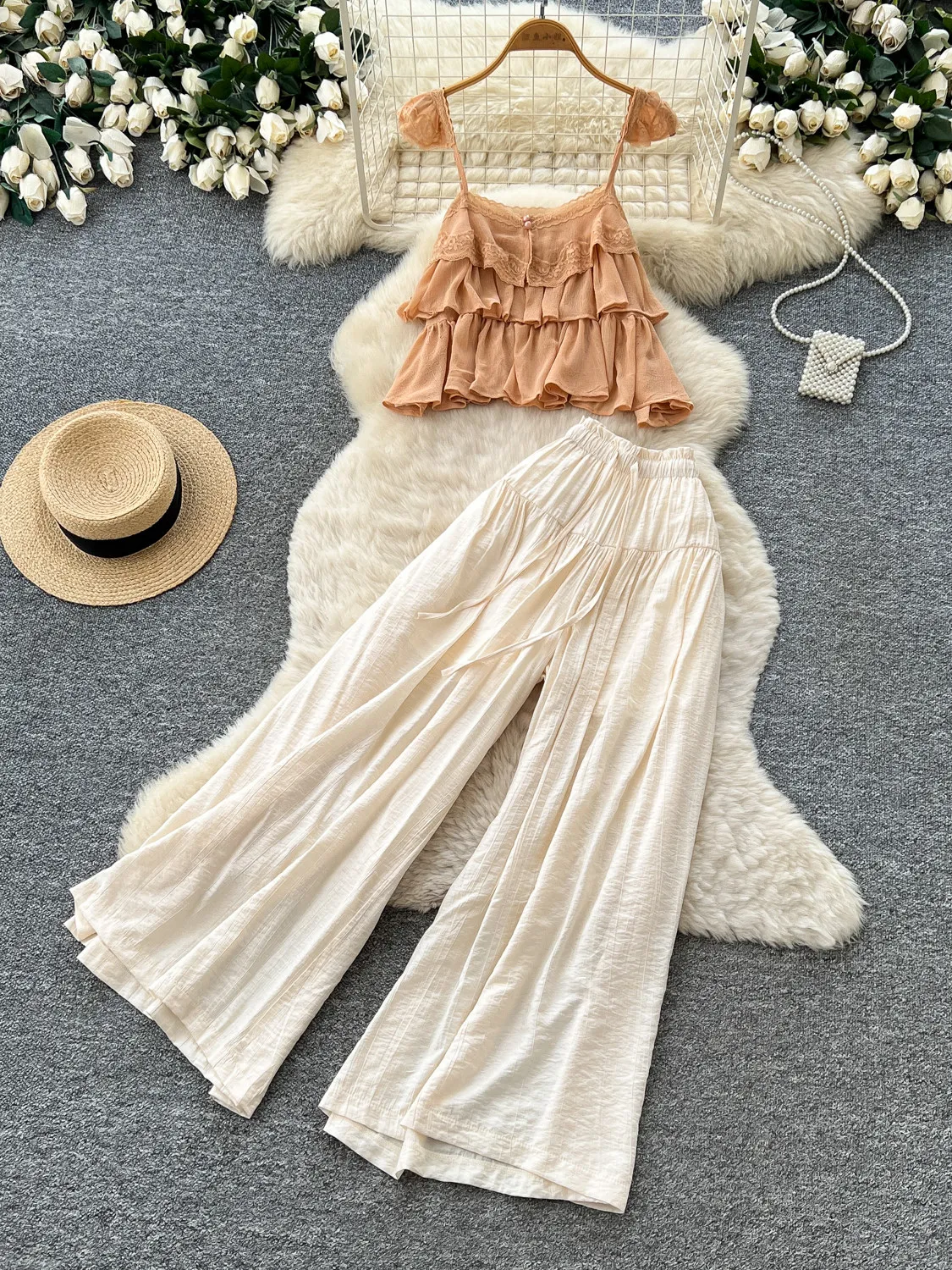 Light Mature Style Commute Outfit Casual Pants Set Summer Fashion Camisole Top and High Waist Wide Leg Pants Woman Pants Set