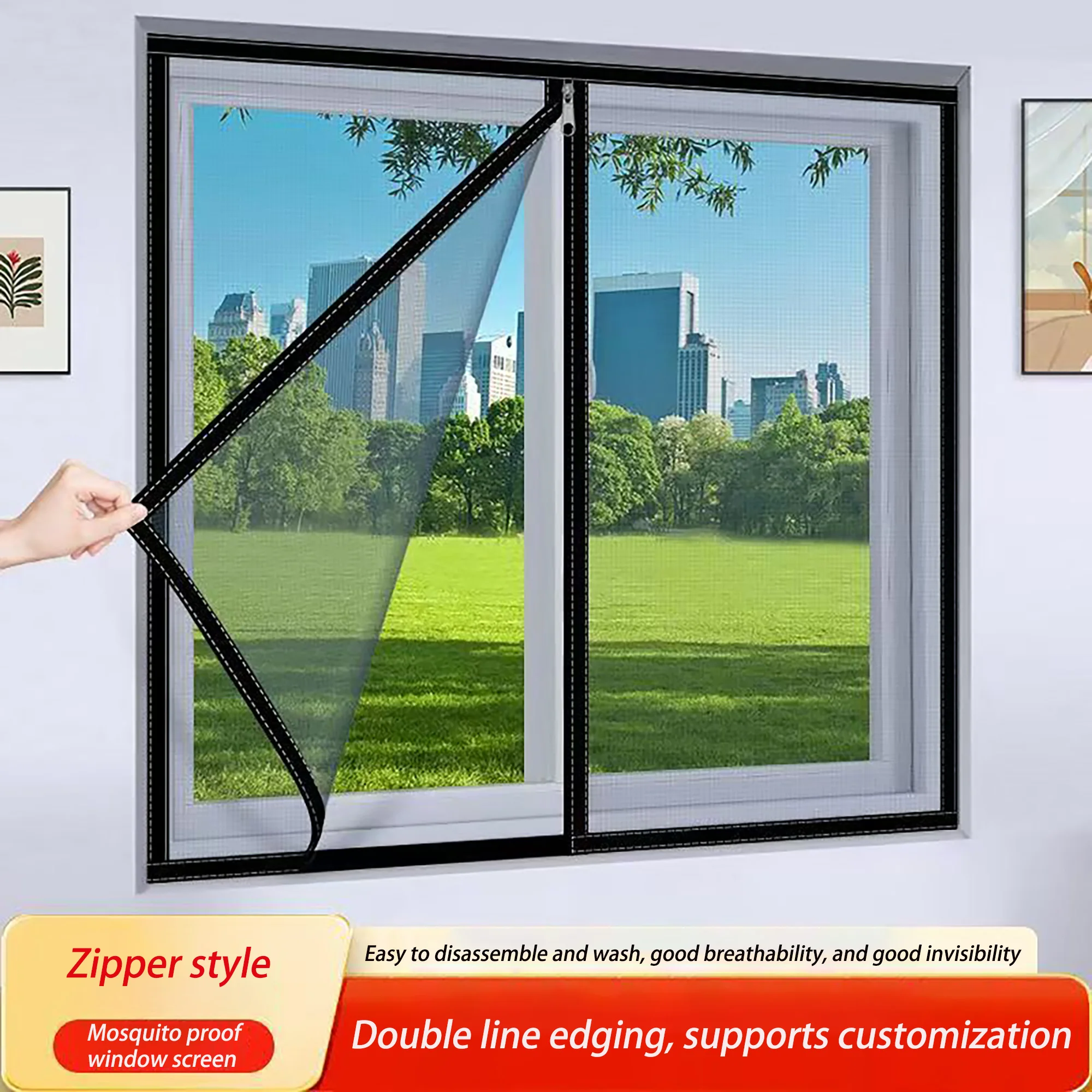 

Zipper style black screen windowself-adhesive window mosquito netno punching mosquito and insect proof screen window