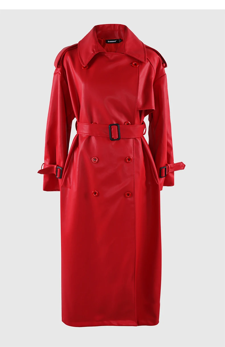 Nerazzurri Spring Autumn Long Oversized Black Pu Leather Trench Coat for Women Belt Double Breasted Loose Casual Korean Fashion