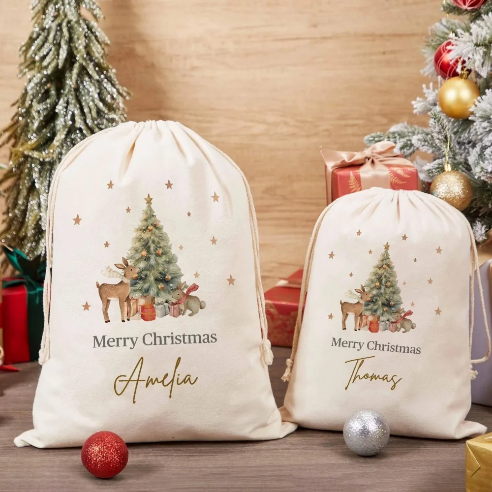 1Pc Customized Name/Text Christmas Imitation Hemp Gift Bag,Christmas Tree Pattern Drawstring Closure Storage Bag,Party Candy Bag