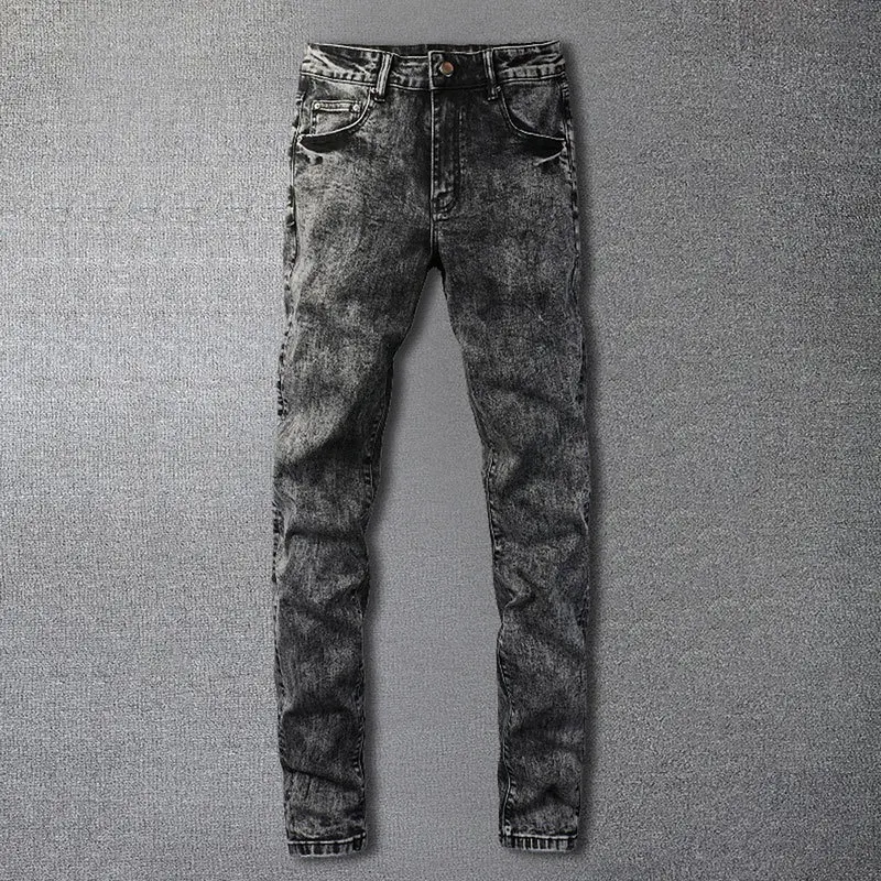 Washing Water To Make Old Denim Jean Streetwear Skinny Trouser Men Simple Solid Color Patchwork Stretch Pants Jean Noir Homme