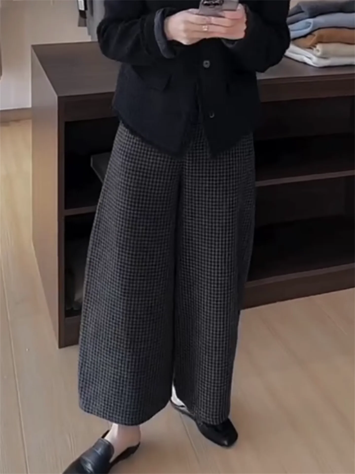 Korean Laid-back Thickened Woolen Plaid Pants Large Size Casual Wide Leg High Waist Nine Points Autumn New Style Women's Trou...