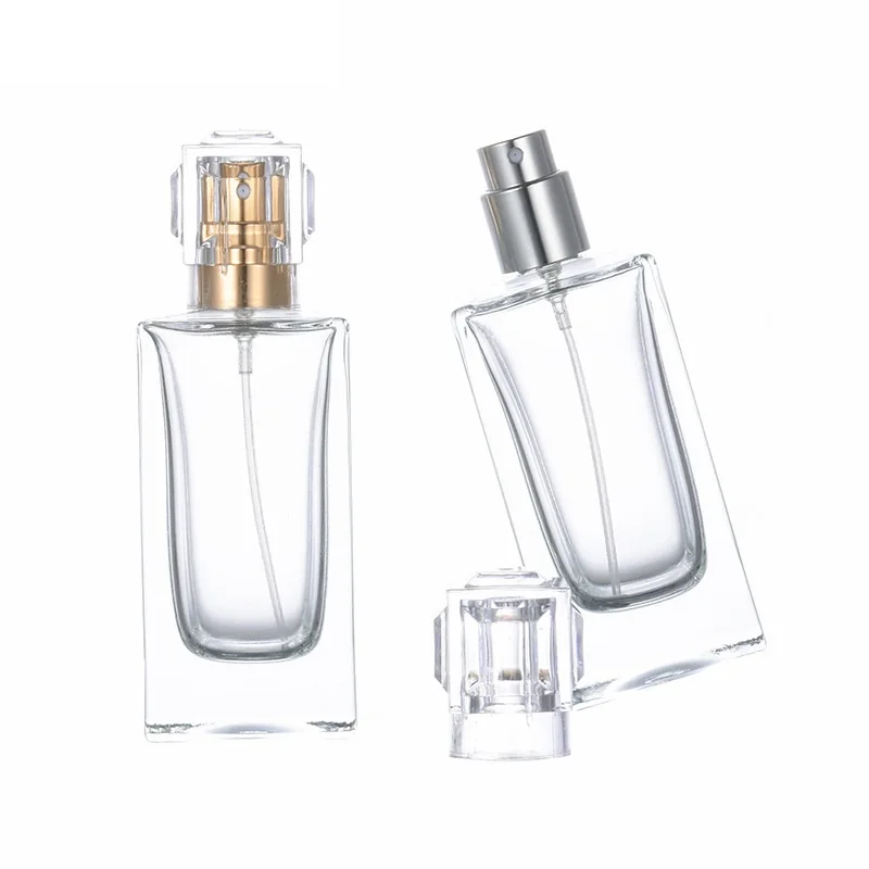 

Clear Glass Perfume Bottle Square Shape 30ml 50ml Gold Silver Spary Pump With Lid Packaging Refillable Container 10Pieces